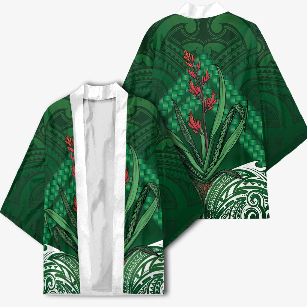 Rongoa Maori New Zealand Harakeke Kimono NZ Weaving Pattern Green