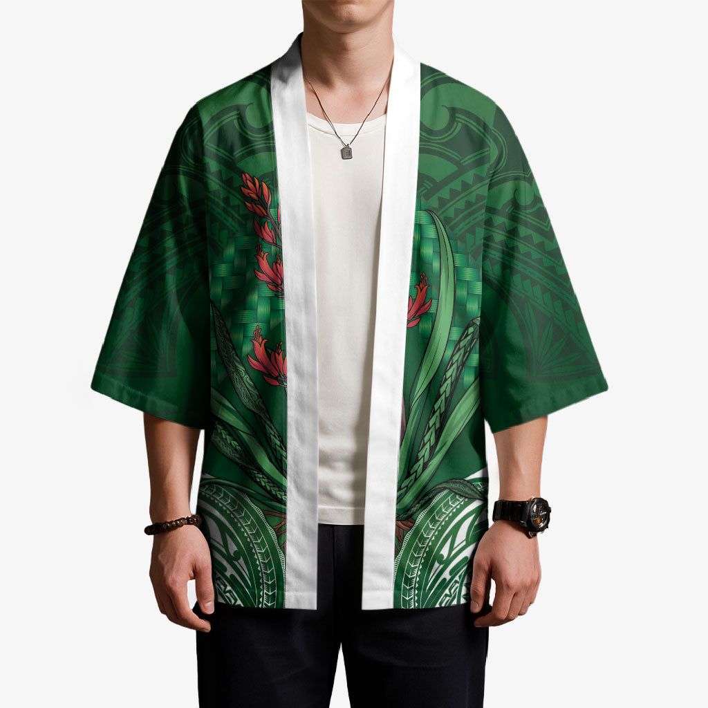 Rongoa Maori New Zealand Harakeke Kimono NZ Weaving Pattern Green