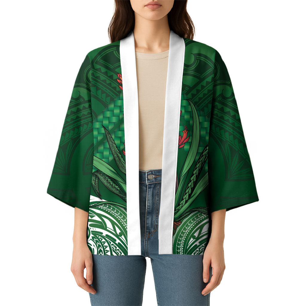 Rongoa Maori New Zealand Harakeke Kimono NZ Weaving Pattern Green