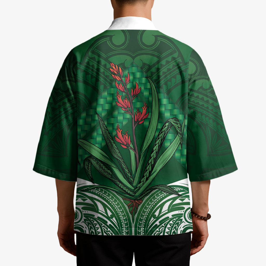 Rongoa Maori New Zealand Harakeke Kimono NZ Weaving Pattern Green