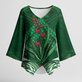 Rongoa Maori New Zealand Harakeke Kimono Sleeve Blouse NZ Weaving Pattern Green