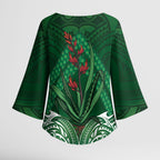 Rongoa Maori New Zealand Harakeke Kimono Sleeve Blouse NZ Weaving Pattern Green