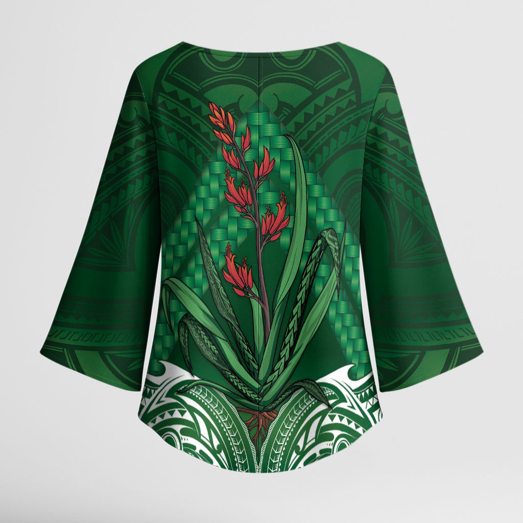 Rongoa Maori New Zealand Harakeke Kimono Sleeve Blouse NZ Weaving Pattern Green