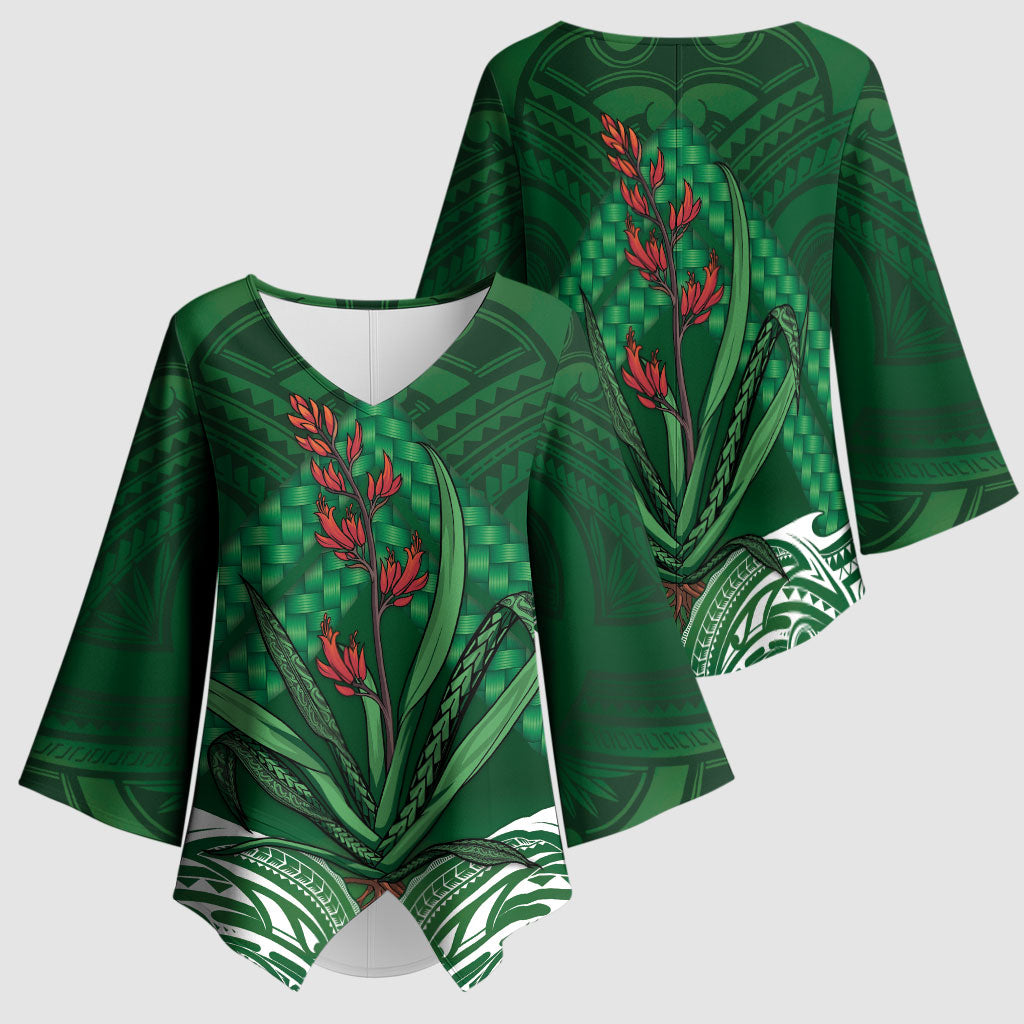 Rongoa Maori New Zealand Harakeke Kimono Sleeve Blouse NZ Weaving Pattern Green