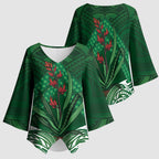 Rongoa Maori New Zealand Harakeke Kimono Sleeve Blouse NZ Weaving Pattern Green
