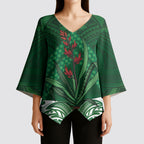 Rongoa Maori New Zealand Harakeke Kimono Sleeve Blouse NZ Weaving Pattern Green