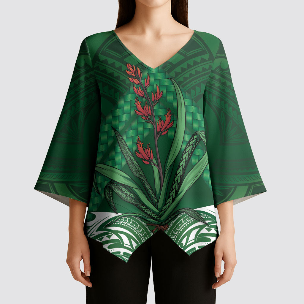 Rongoa Maori New Zealand Harakeke Kimono Sleeve Blouse NZ Weaving Pattern Green