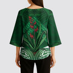 Rongoa Maori New Zealand Harakeke Kimono Sleeve Blouse NZ Weaving Pattern Green