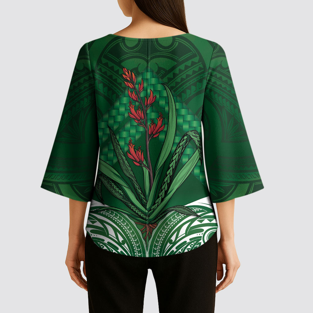 Rongoa Maori New Zealand Harakeke Kimono Sleeve Blouse NZ Weaving Pattern Green