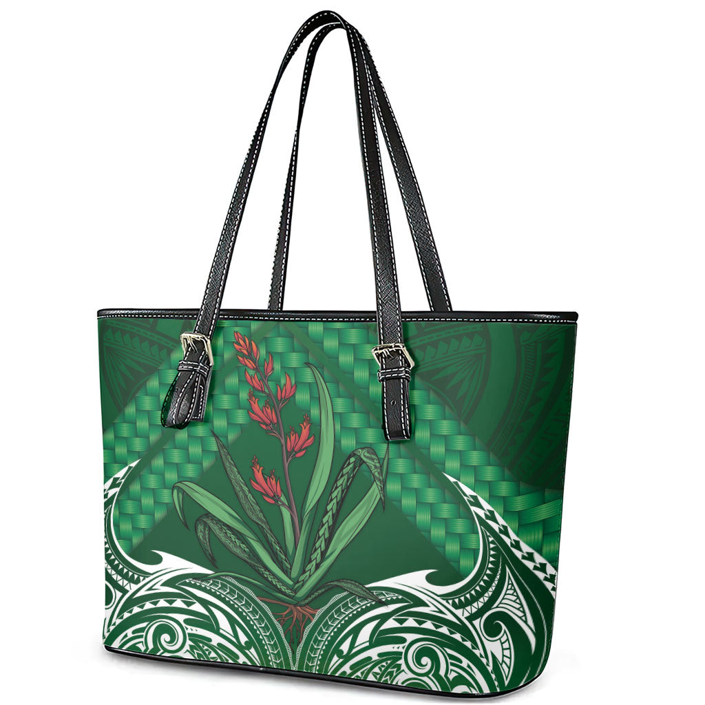 Rongoa Maori New Zealand Harakeke Leather Tote Bag NZ Weaving Pattern Green