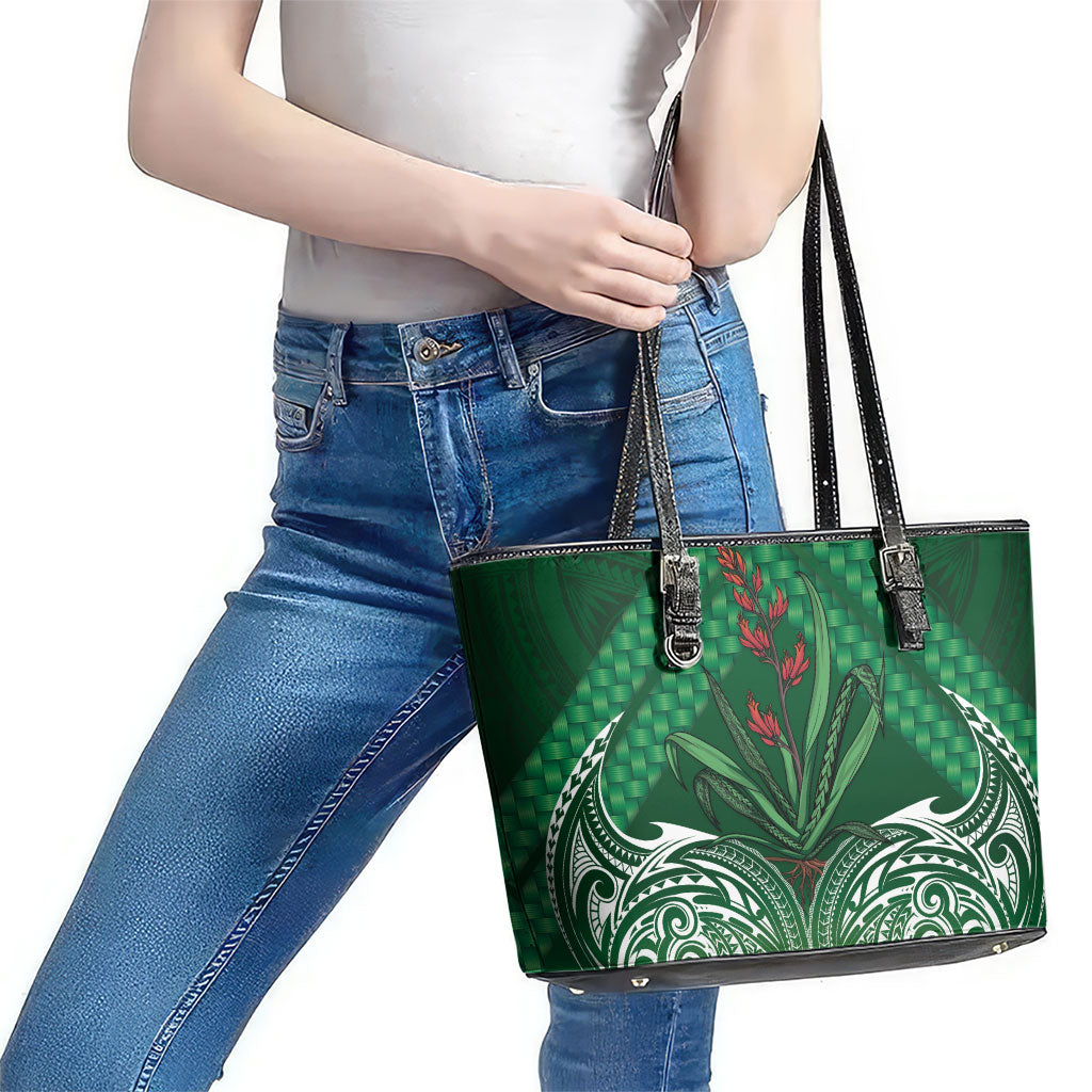 Rongoa Maori New Zealand Harakeke Leather Tote Bag NZ Weaving Pattern Green