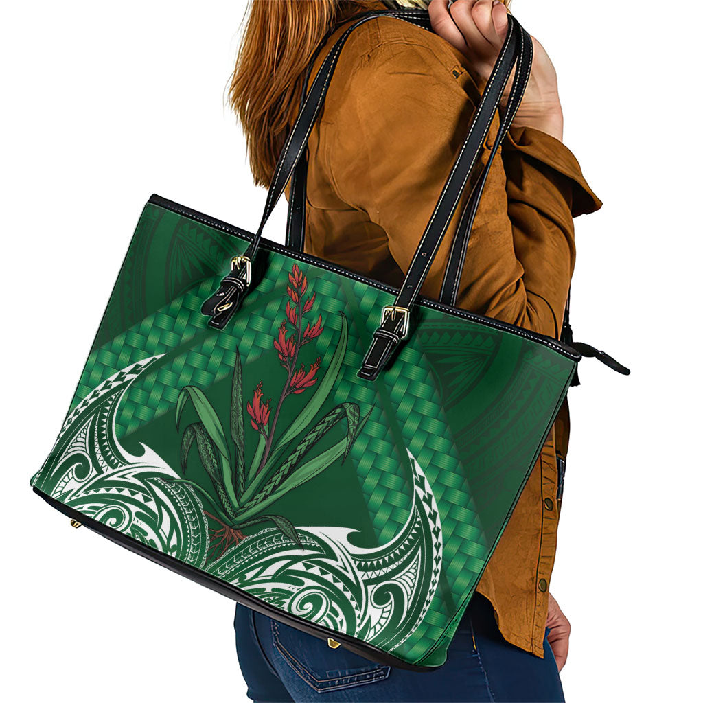 Rongoa Maori New Zealand Harakeke Leather Tote Bag NZ Weaving Pattern Green
