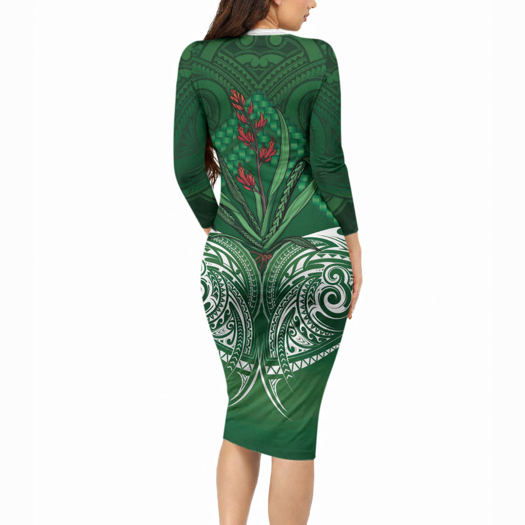 Rongoa Maori New Zealand Harakeke Long Sleeve Bodycon Dress NZ Weaving Pattern Green