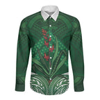 Rongoa Maori New Zealand Harakeke Long Sleeve Button Shirt NZ Weaving Pattern Green