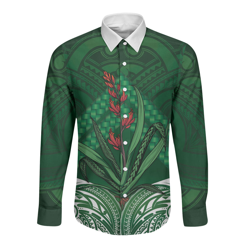 Rongoa Maori New Zealand Harakeke Long Sleeve Button Shirt NZ Weaving Pattern Green