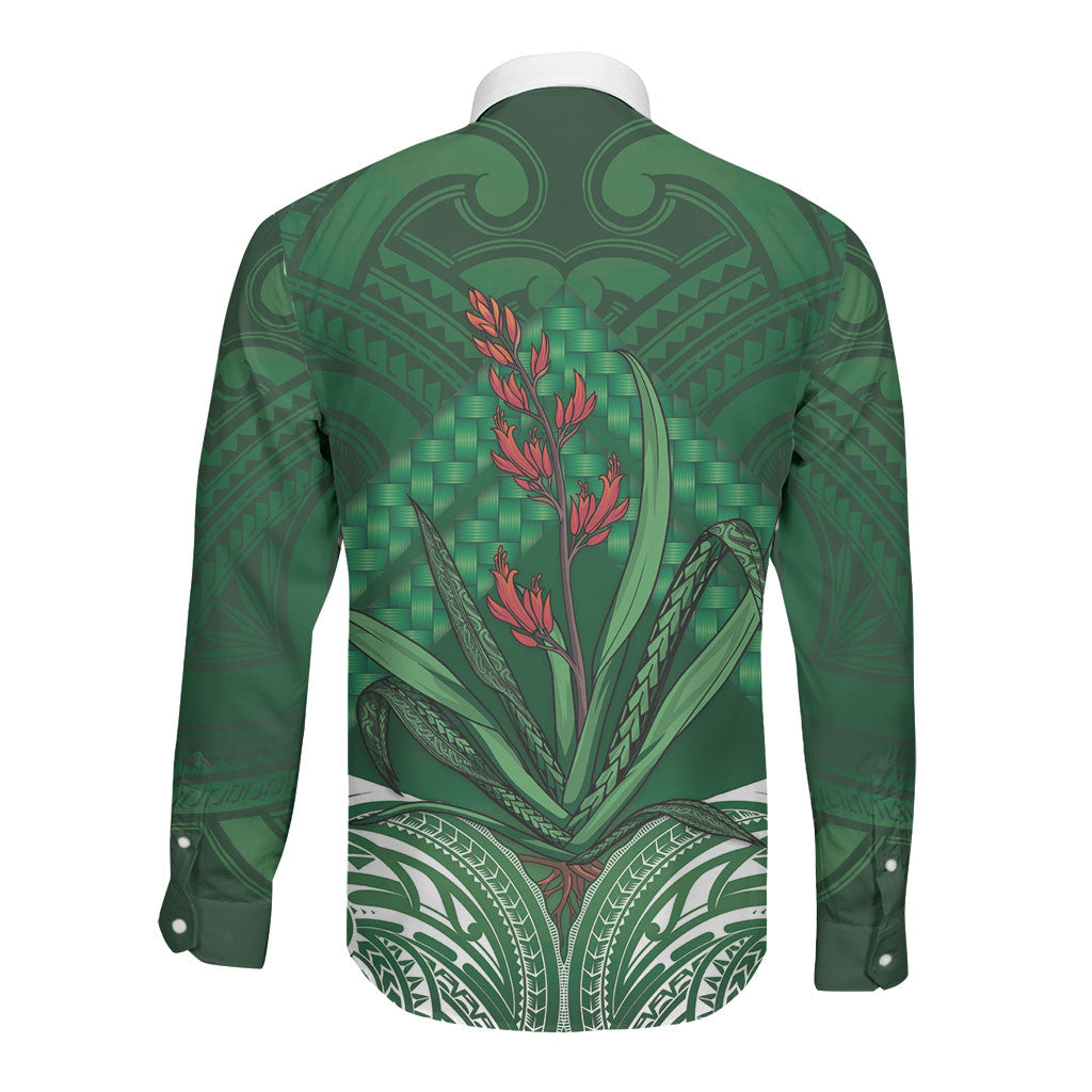 Rongoa Maori New Zealand Harakeke Long Sleeve Button Shirt NZ Weaving Pattern Green