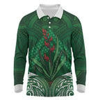 Rongoa Maori New Zealand Harakeke Long Sleeve Polo Shirt NZ Weaving Pattern Green