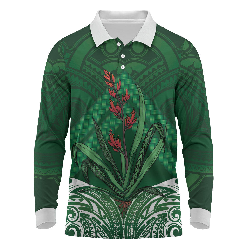 Rongoa Maori New Zealand Harakeke Long Sleeve Polo Shirt NZ Weaving Pattern Green