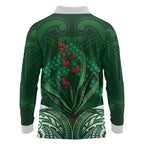 Rongoa Maori New Zealand Harakeke Long Sleeve Polo Shirt NZ Weaving Pattern Green