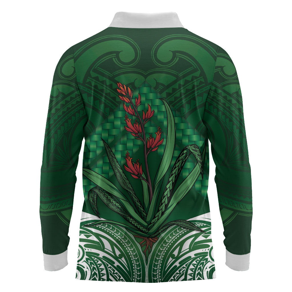 Rongoa Maori New Zealand Harakeke Long Sleeve Polo Shirt NZ Weaving Pattern Green