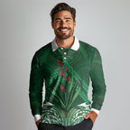 Rongoa Maori New Zealand Harakeke Long Sleeve Polo Shirt NZ Weaving Pattern Green