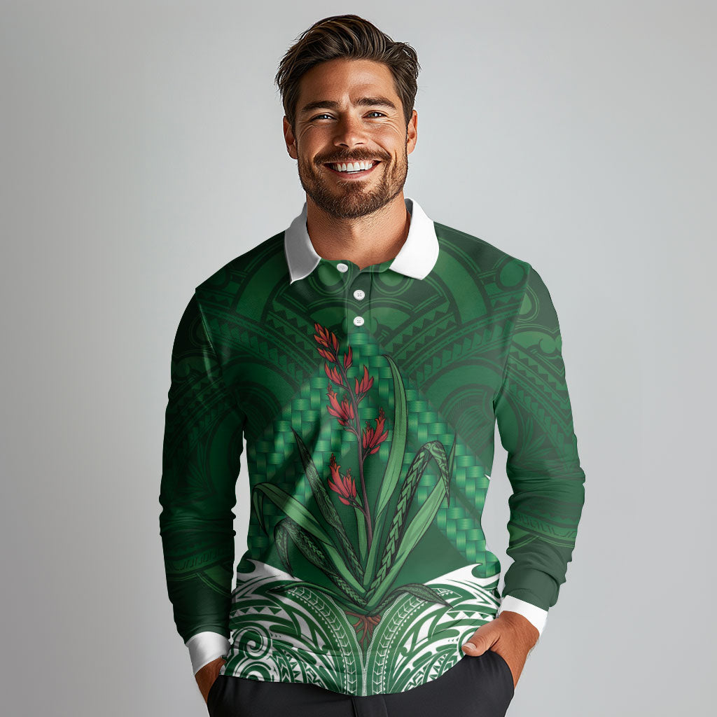 Rongoa Maori New Zealand Harakeke Long Sleeve Polo Shirt NZ Weaving Pattern Green
