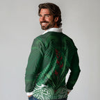 Rongoa Maori New Zealand Harakeke Long Sleeve Polo Shirt NZ Weaving Pattern Green