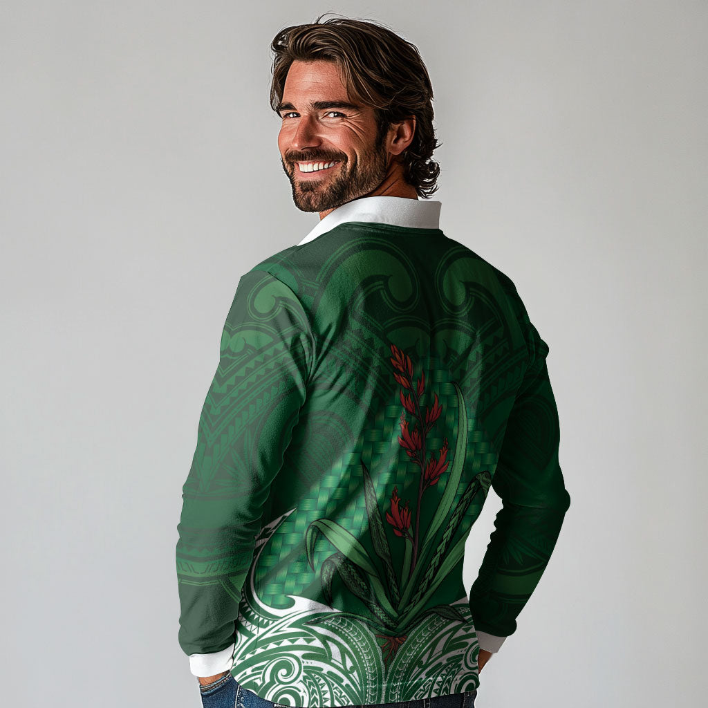 Rongoa Maori New Zealand Harakeke Long Sleeve Polo Shirt NZ Weaving Pattern Green