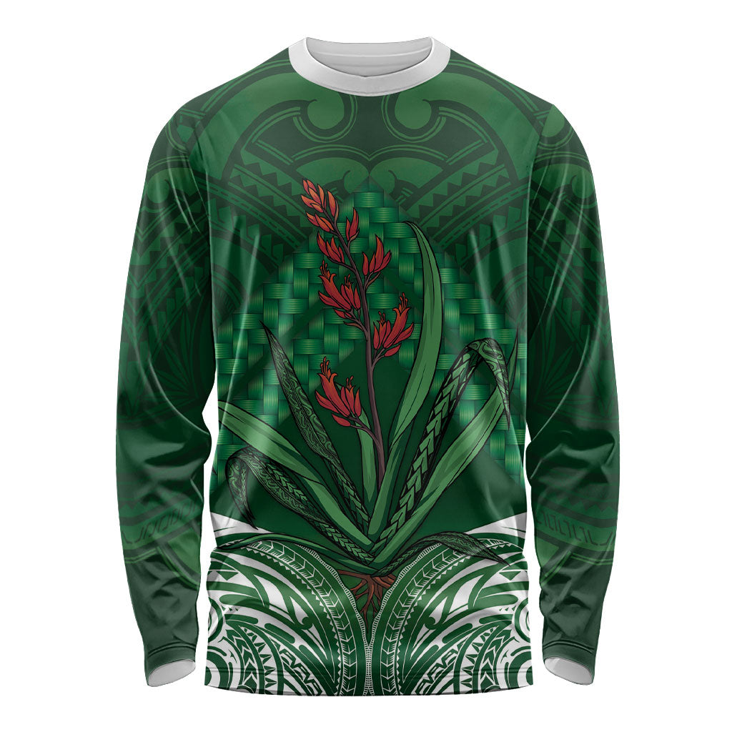 Rongoa Maori New Zealand Harakeke Long Sleeve Shirt NZ Weaving Pattern Green