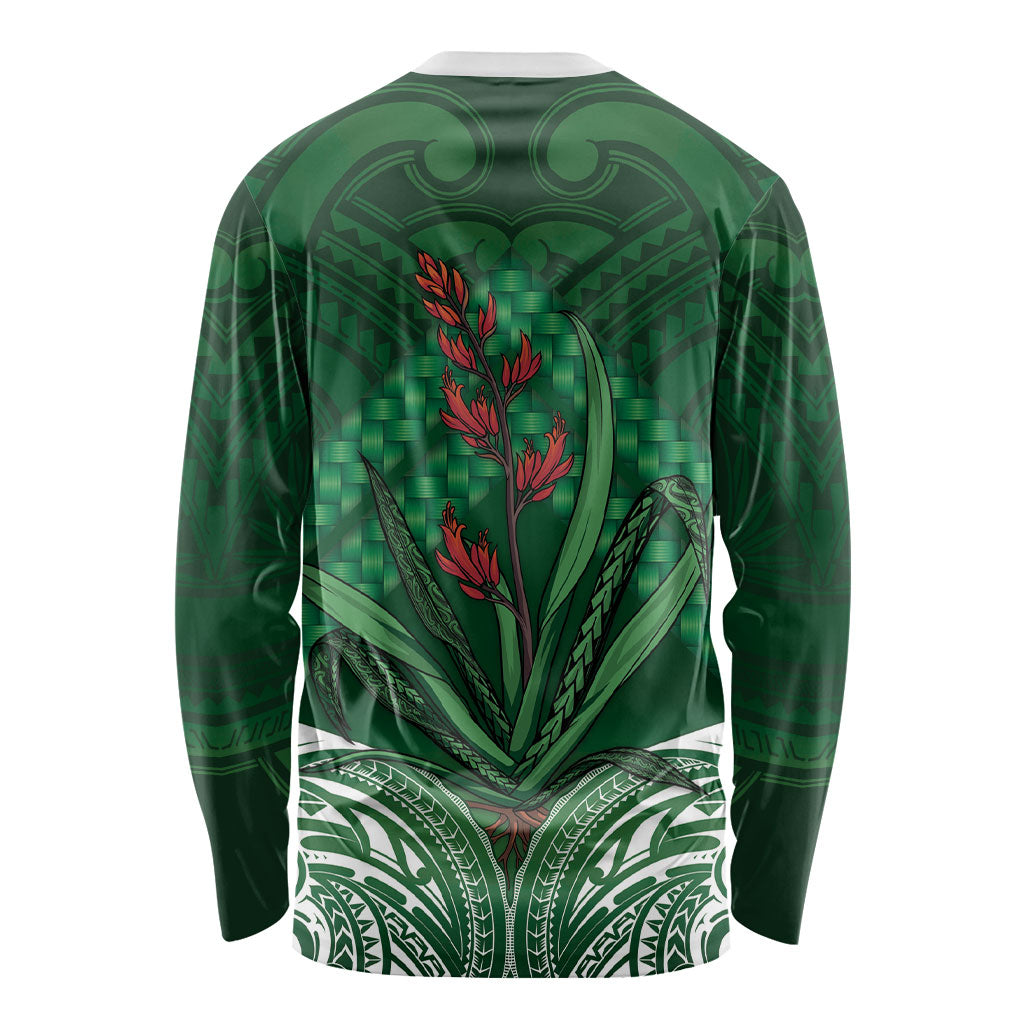 Rongoa Maori New Zealand Harakeke Long Sleeve Shirt NZ Weaving Pattern Green