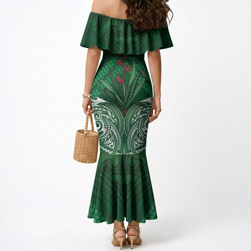Rongoa Maori New Zealand Harakeke Mermaid Dress NZ Weaving Pattern Green