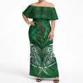 Rongoa Maori New Zealand Harakeke Off Shoulder Maxi Dress NZ Weaving Pattern Green
