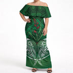 Rongoa Maori New Zealand Harakeke Off Shoulder Maxi Dress NZ Weaving Pattern Green