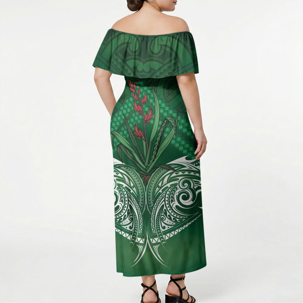 Rongoa Maori New Zealand Harakeke Off Shoulder Maxi Dress NZ Weaving Pattern Green