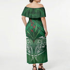 Rongoa Maori New Zealand Harakeke Off Shoulder Maxi Dress NZ Weaving Pattern Green