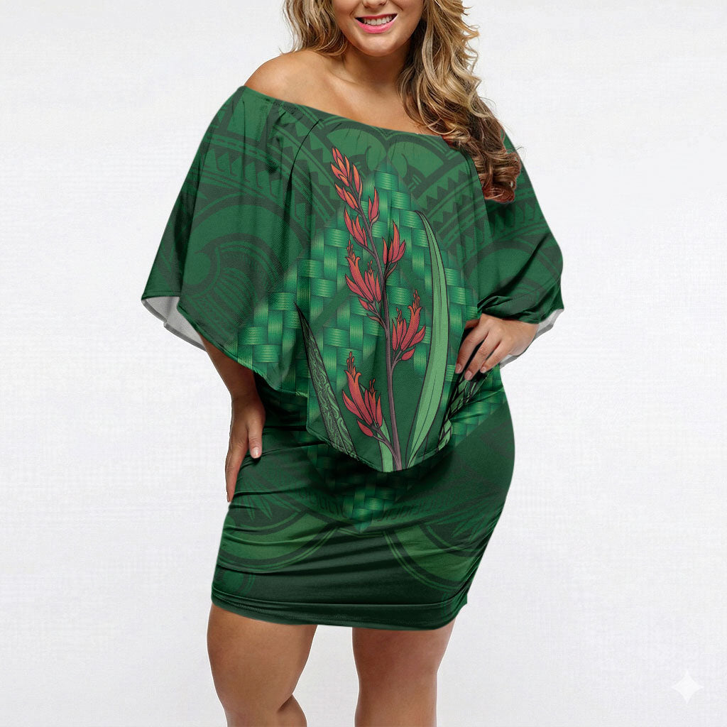 Rongoa Maori New Zealand Harakeke Off Shoulder Short Dress NZ Weaving Pattern Green