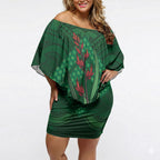 Rongoa Maori New Zealand Harakeke Off Shoulder Short Dress NZ Weaving Pattern Green