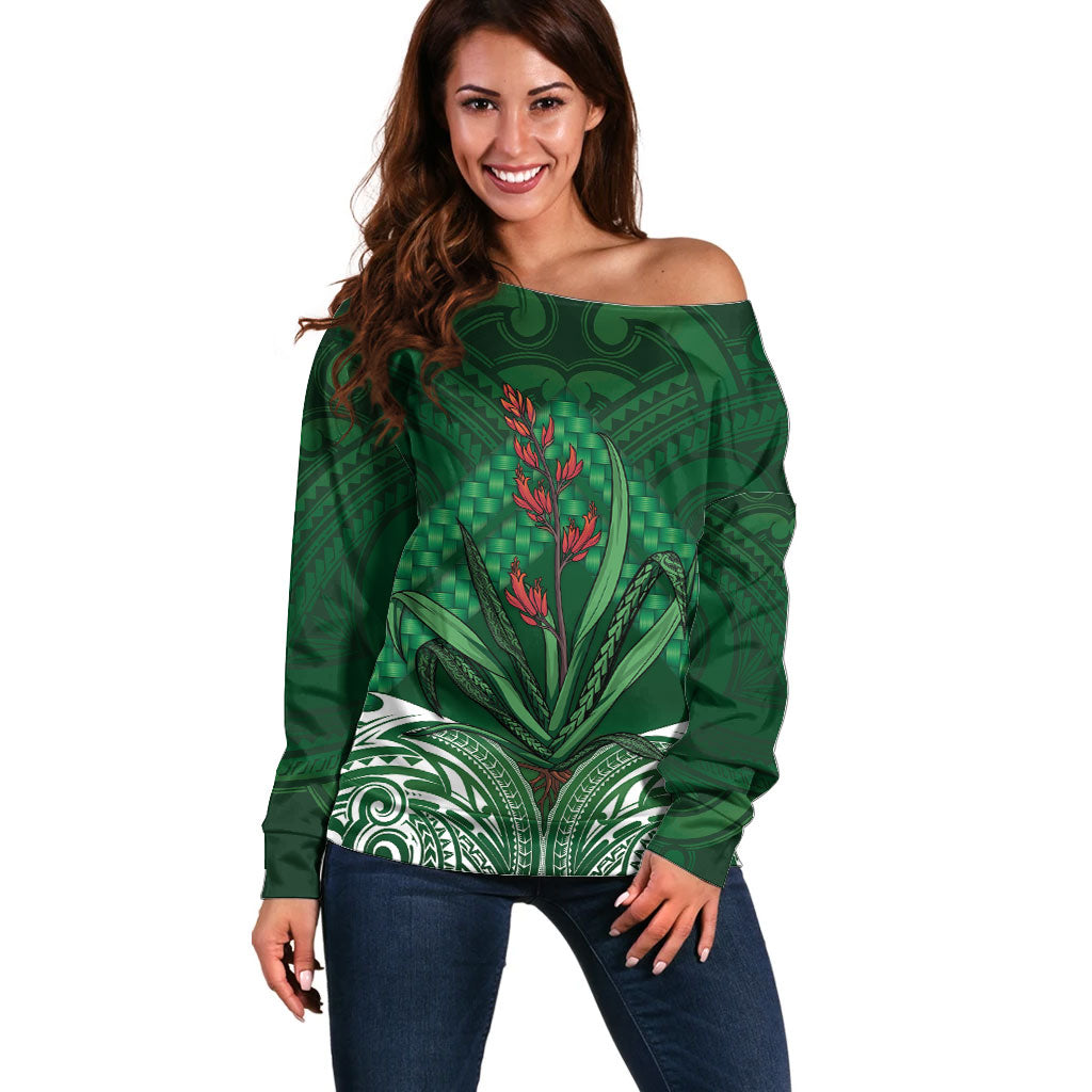 Rongoa Maori New Zealand Harakeke Off Shoulder Sweater NZ Weaving Pattern Green