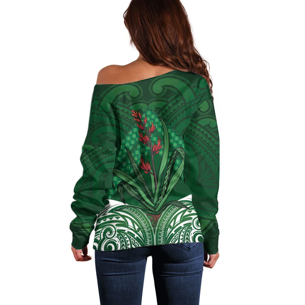 Rongoa Maori New Zealand Harakeke Off Shoulder Sweater NZ Weaving Pattern Green