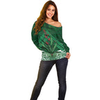 Rongoa Maori New Zealand Harakeke Off Shoulder Sweater NZ Weaving Pattern Green