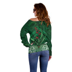 Rongoa Maori New Zealand Harakeke Off Shoulder Sweater NZ Weaving Pattern Green