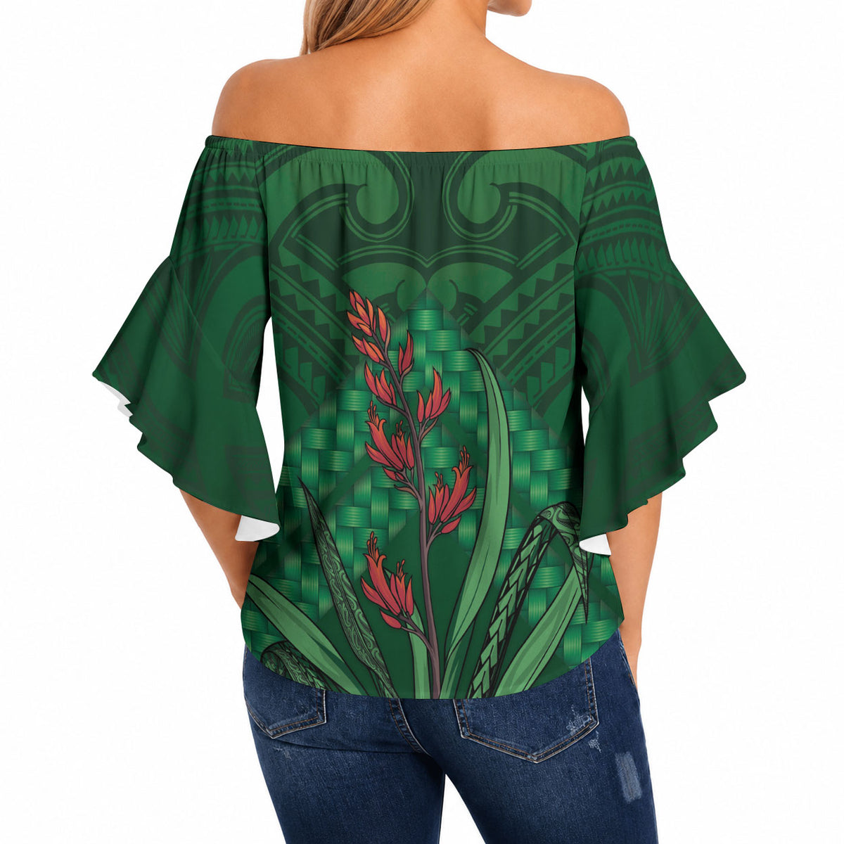 Rongoa Maori New Zealand Harakeke Off Shoulder Wrap Waist Top NZ Weaving Pattern Green