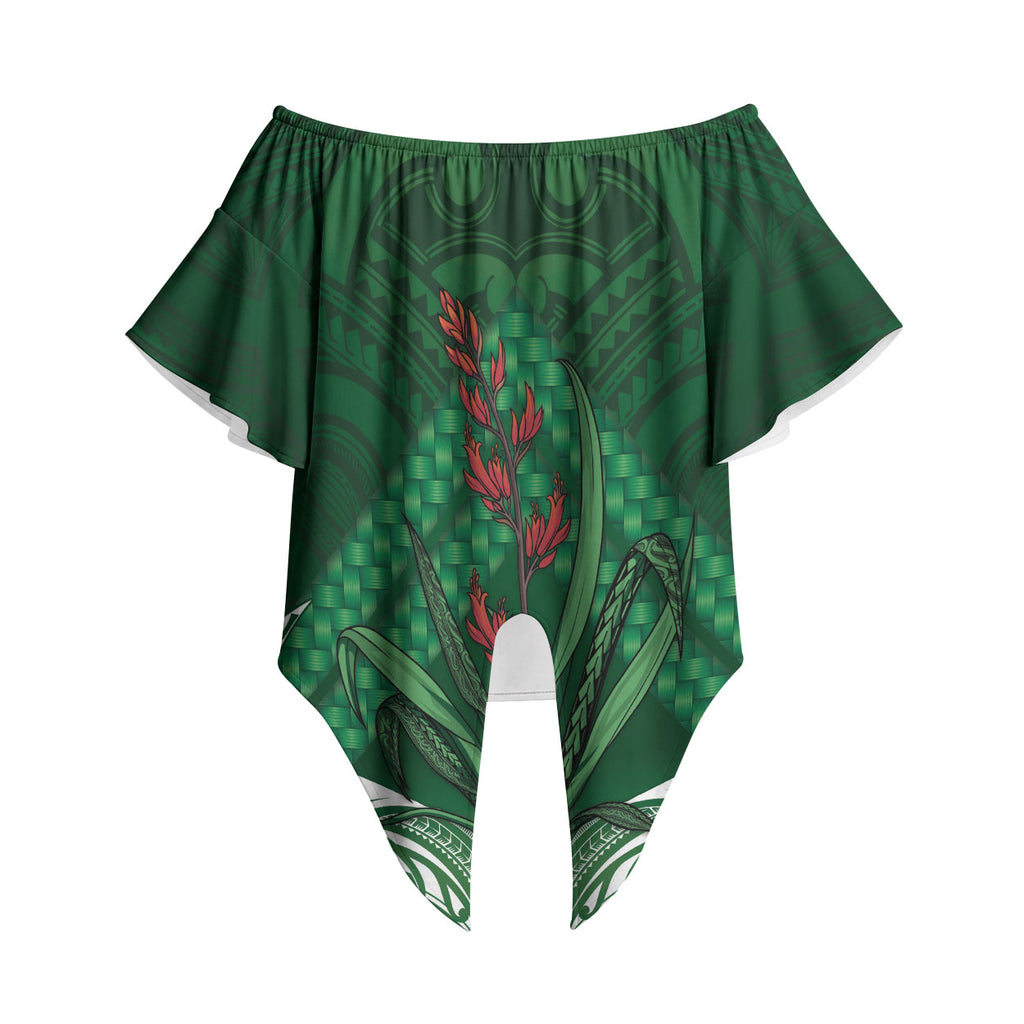 Rongoa Maori New Zealand Harakeke Off Shoulder Wrap Waist Top NZ Weaving Pattern Green
