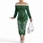 Rongoa Maori New Zealand Harakeke Off The Shoulder Long Sleeve Dress NZ Weaving Pattern Green