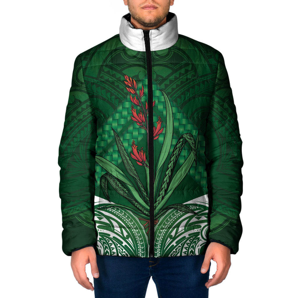 Rongoa Maori New Zealand Harakeke Padded Jacket NZ Weaving Pattern Green