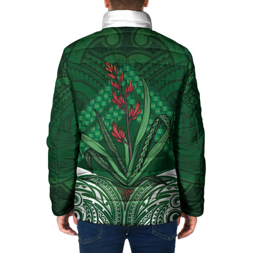 Rongoa Maori New Zealand Harakeke Padded Jacket NZ Weaving Pattern Green