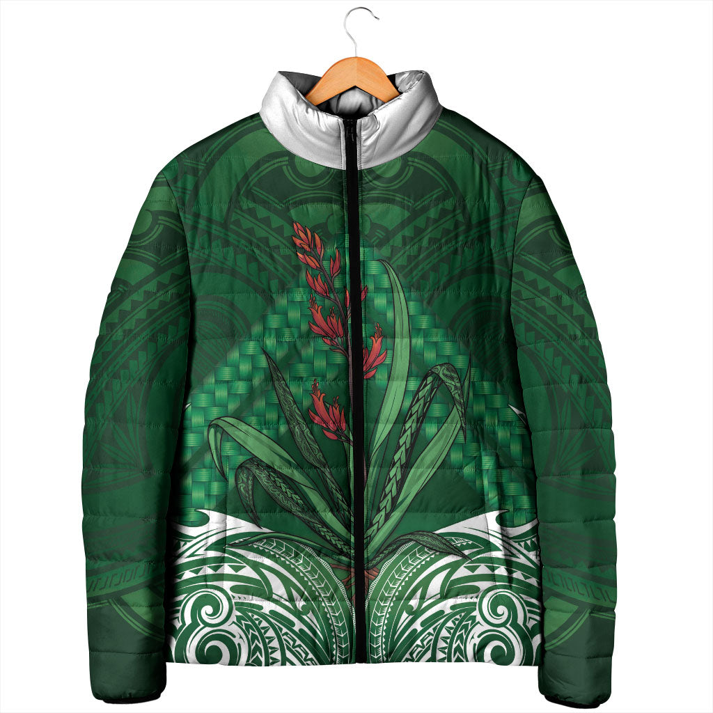 Rongoa Maori New Zealand Harakeke Padded Jacket NZ Weaving Pattern Green