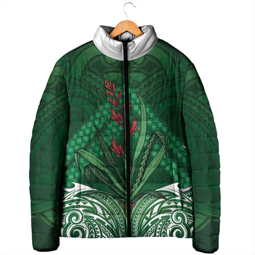 Rongoa Maori New Zealand Harakeke Padded Jacket NZ Weaving Pattern Green
