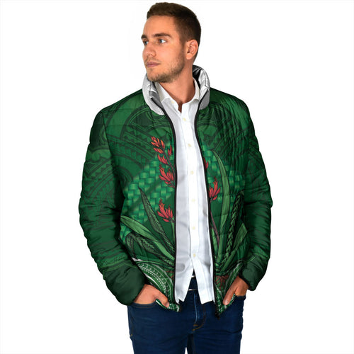Rongoa Maori New Zealand Harakeke Padded Jacket NZ Weaving Pattern Green