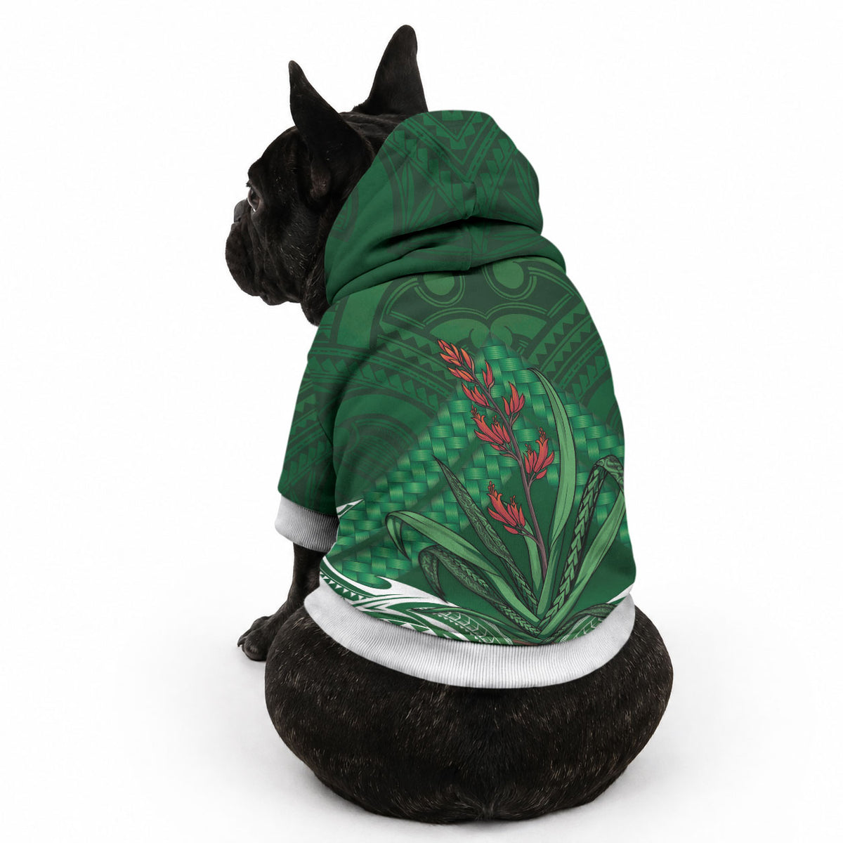 Rongoa Maori New Zealand Harakeke Pet Hoodie NZ Weaving Pattern Green